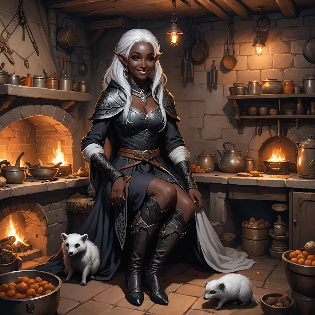 Smiling Drow in Cozy Underground Kitchen