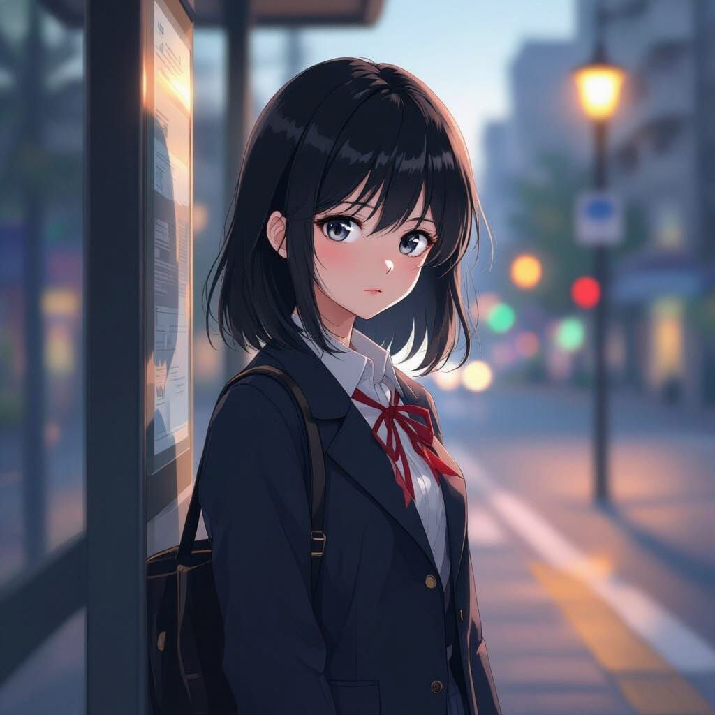 Anime Girl in School Uniform at Bus Stop