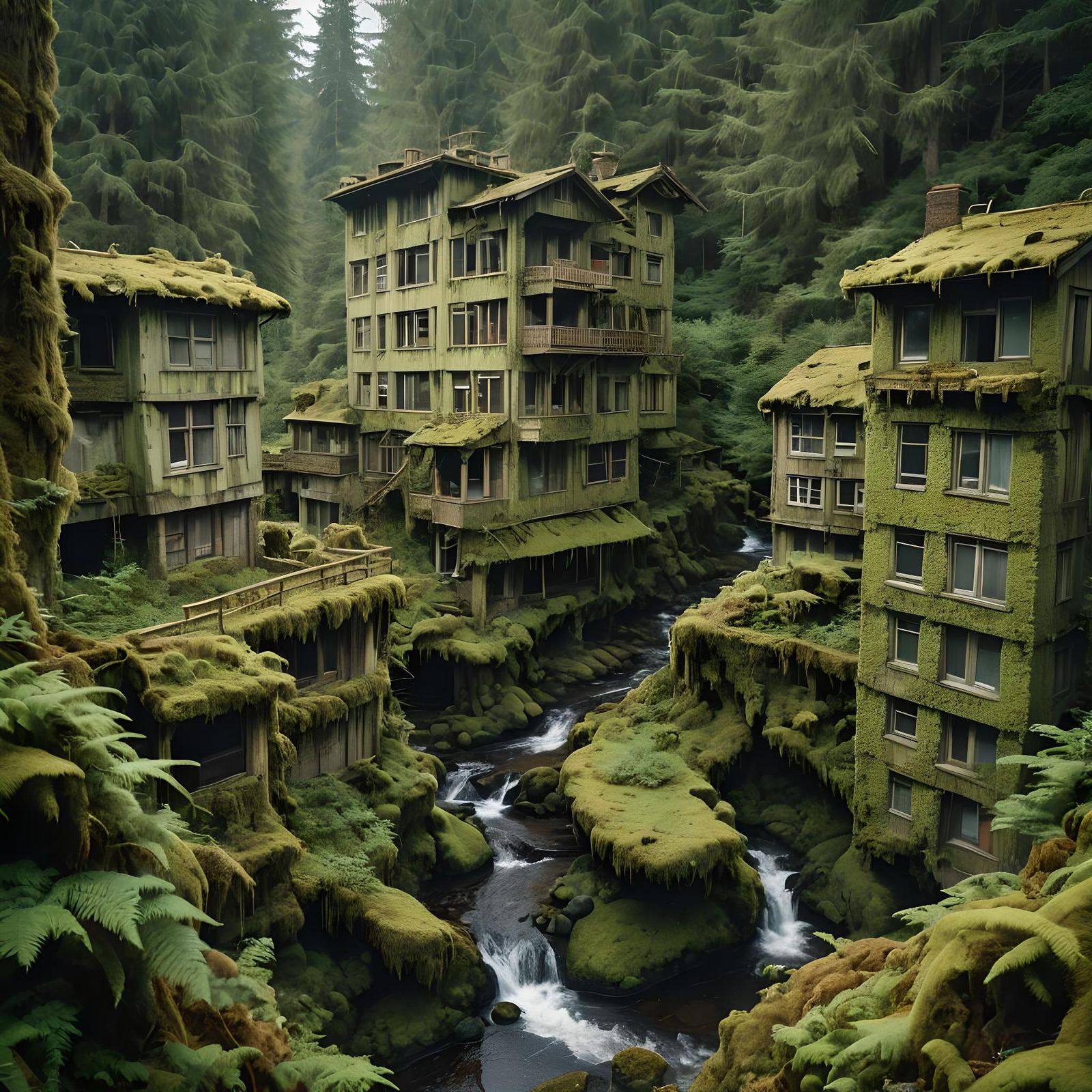 River Runs Through Overgrown Ruins: Cinematic Film Still