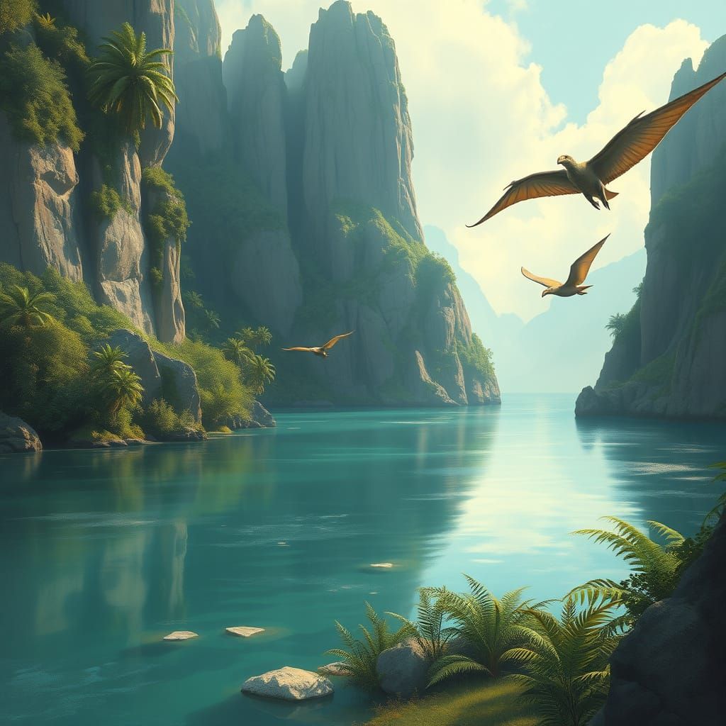 Pterodactyls soaring a tranquil lagoon