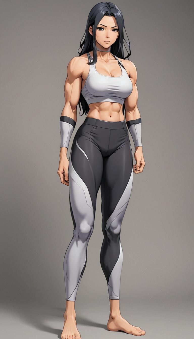 Muscular Anime Woman Feet Pose in Leggings