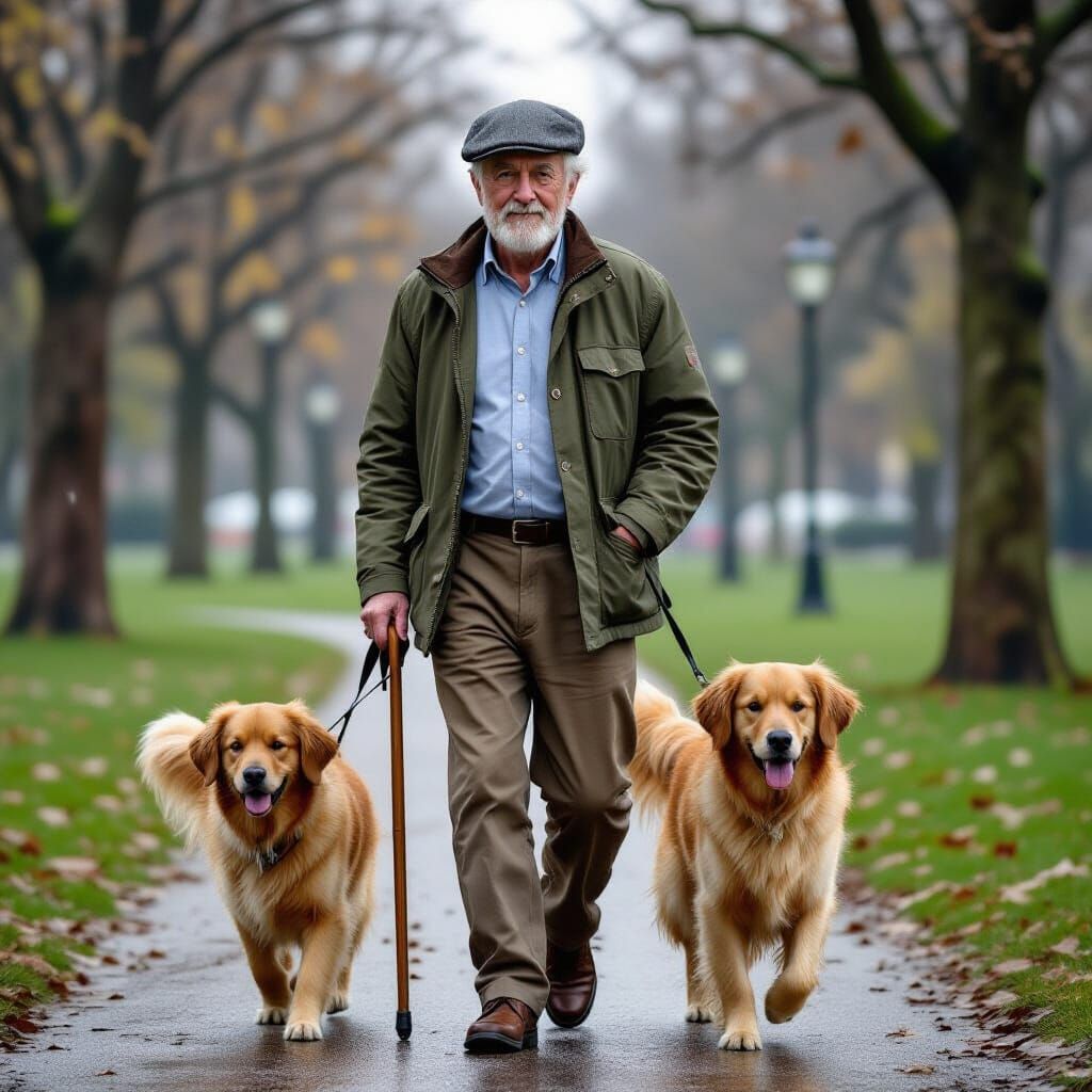 Elderly Man Walking Dog in Rainy Park, Watercolor Style