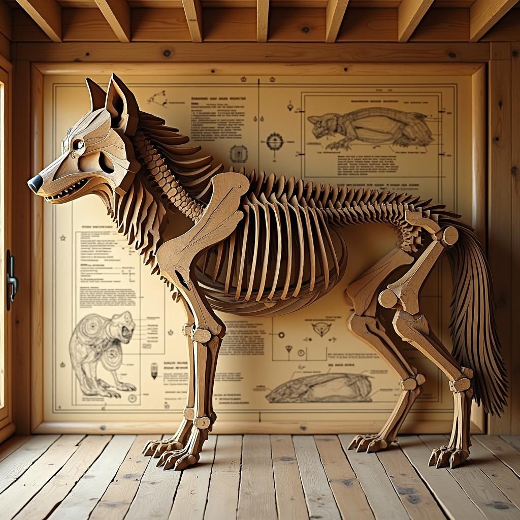 Blueprint of a Wolf Skeleton in Wooden Interior