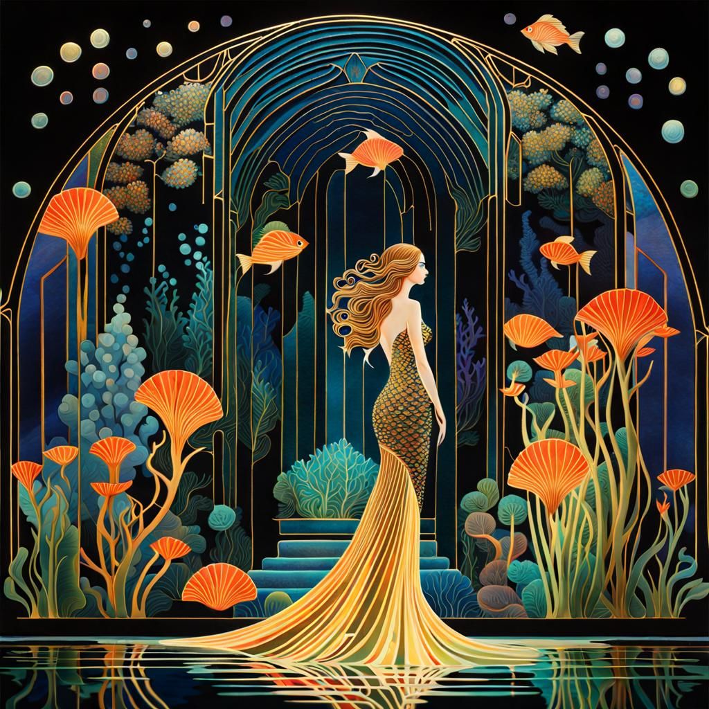 Erté-Style Biorobotic Mermaid in Art Deco Greenhouse