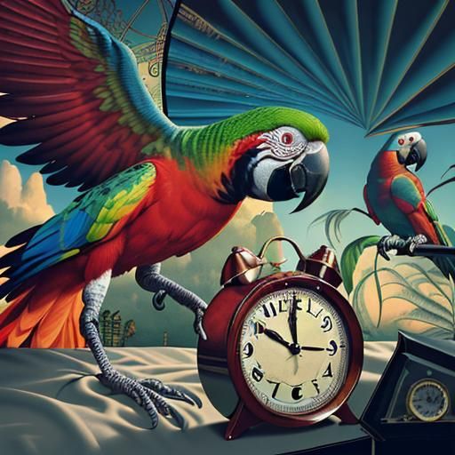 Parrot with Alarm Clock: Photorealistic Digital Art