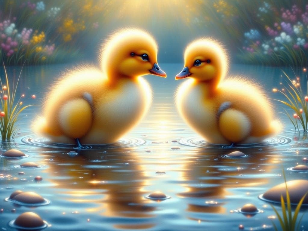 Golden Duckling Gazing at Reflection as Impasto Painting