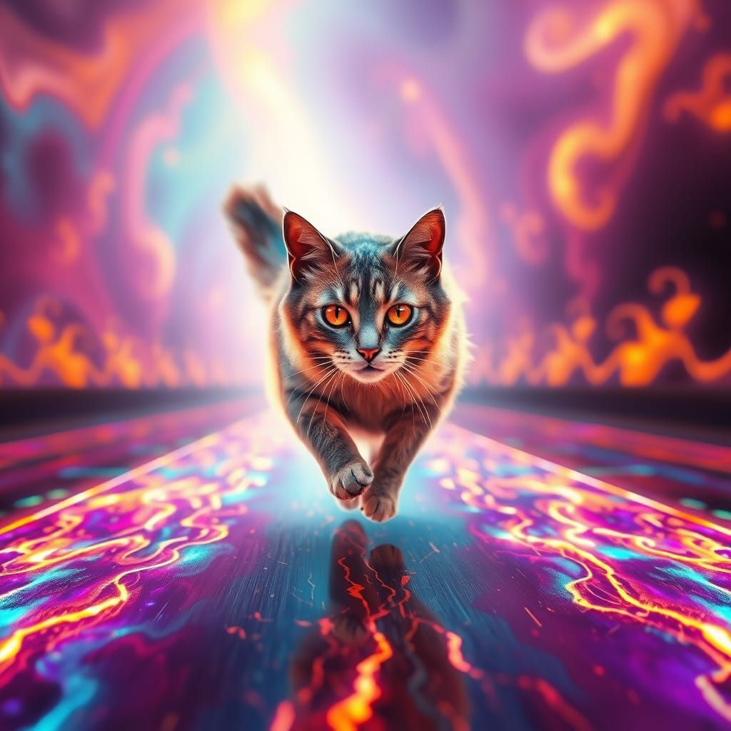 Majestic Iridescent Cat Sprints Down Radiant Flame-Licked Ru...