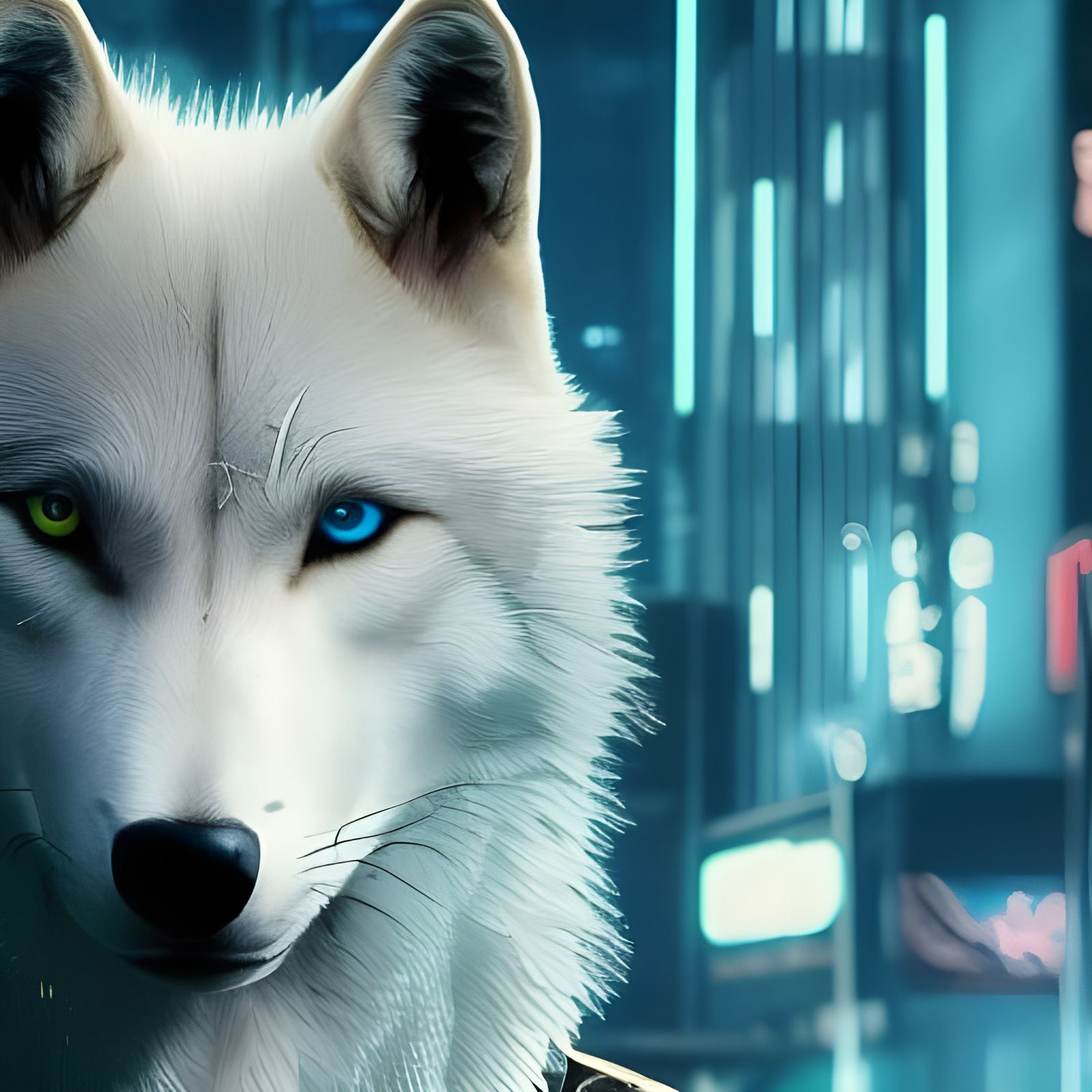 Cyberpunk White Wolf with Blue Eyes