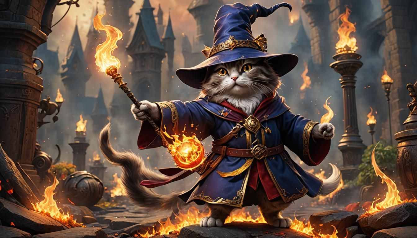 Wizard Cat Battles Evil Mouse with Flames