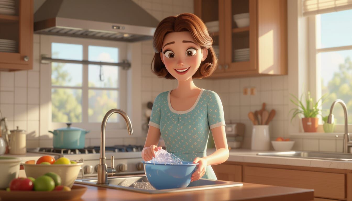 Mother Washing Dishes with Loving Smile in Pixar Style