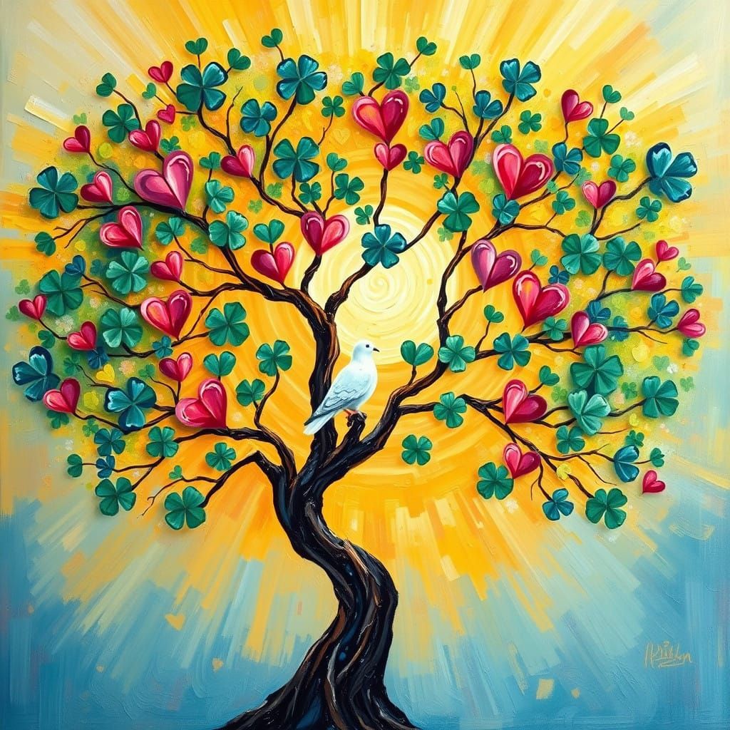 Serene Tree of Joyful Blooms in Vibrant Sunrise