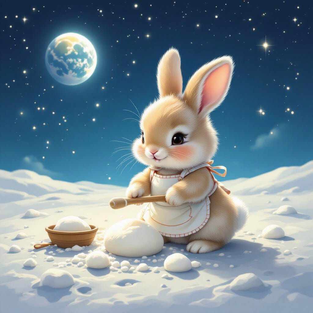 Fluffy Bunny Makes Mochi on the Moon