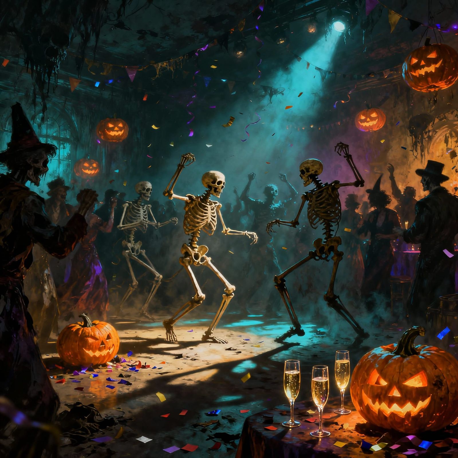 Skeleton New Year's Eve Party with Jack-o'-Lanterns