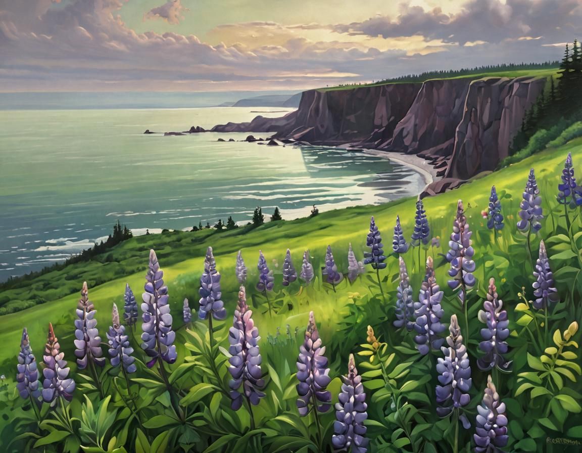 Green Lupine Fields by the Bay: Oil Painting