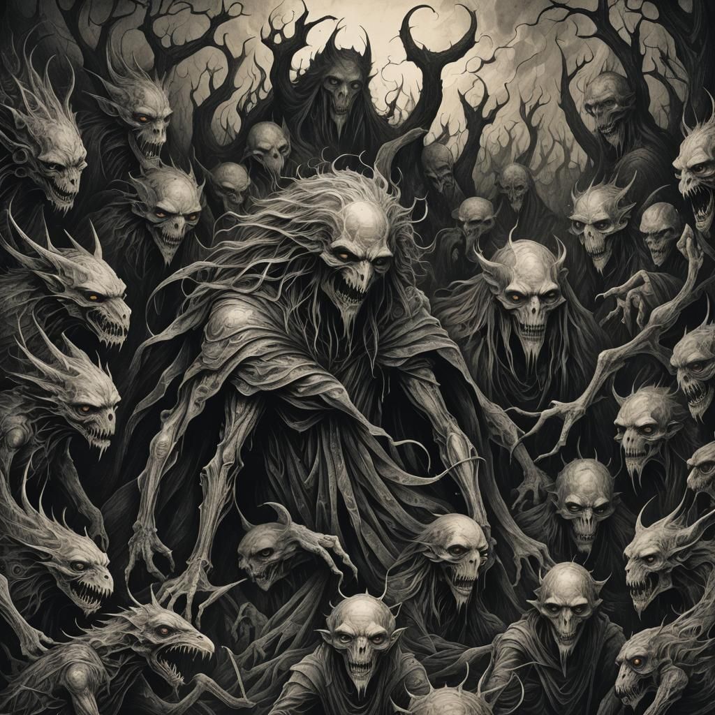 Nightmarish Pencil Creatures in Gothic Dark Fantasy Style