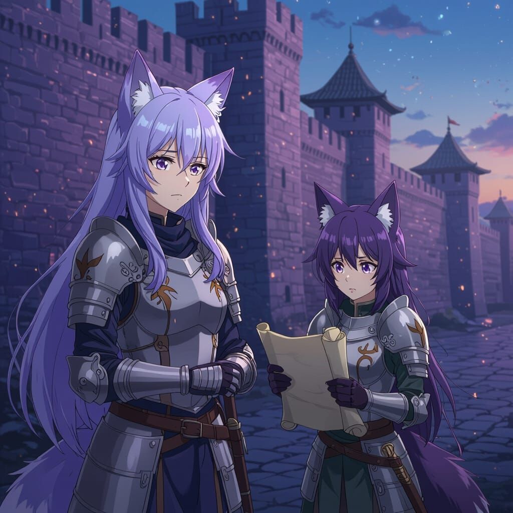 Anime Fox-Eared Commander and Squire at Twilight Border Outp...