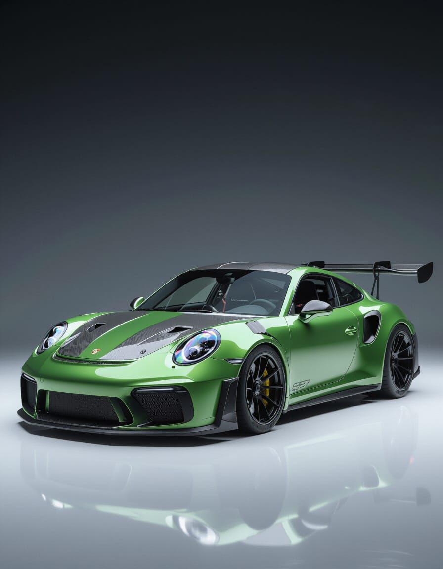 Metallic Green Porsche Sports Car with Wide Body Kit