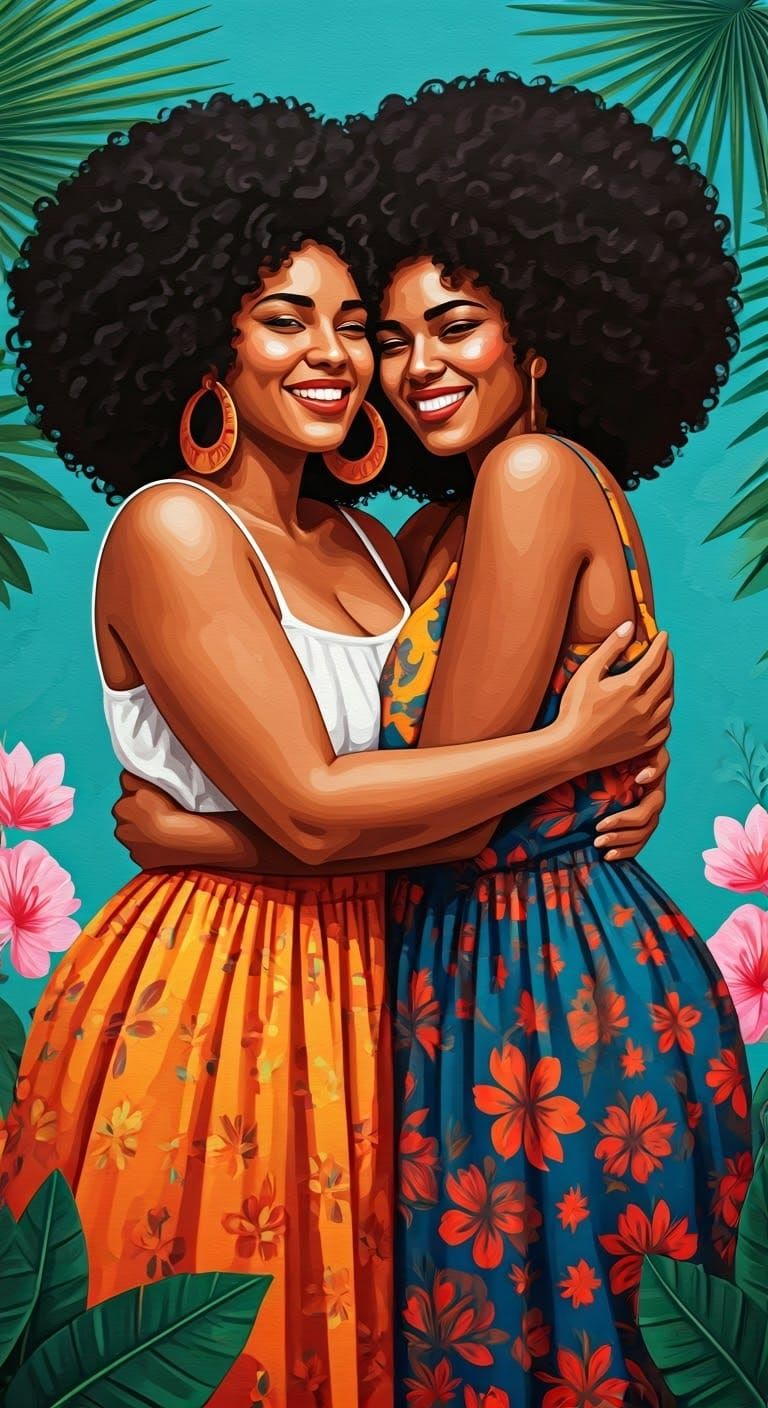 Afro-Latina Women Embracing in Vibrant Tropical Setting