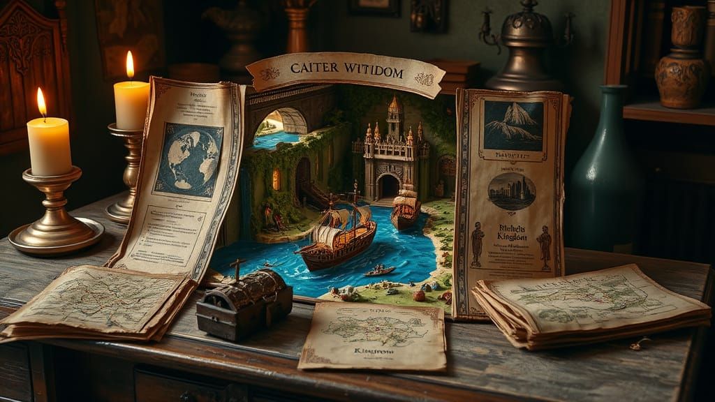 Fantasy Map Unfolds on Ancient Wooden Desk