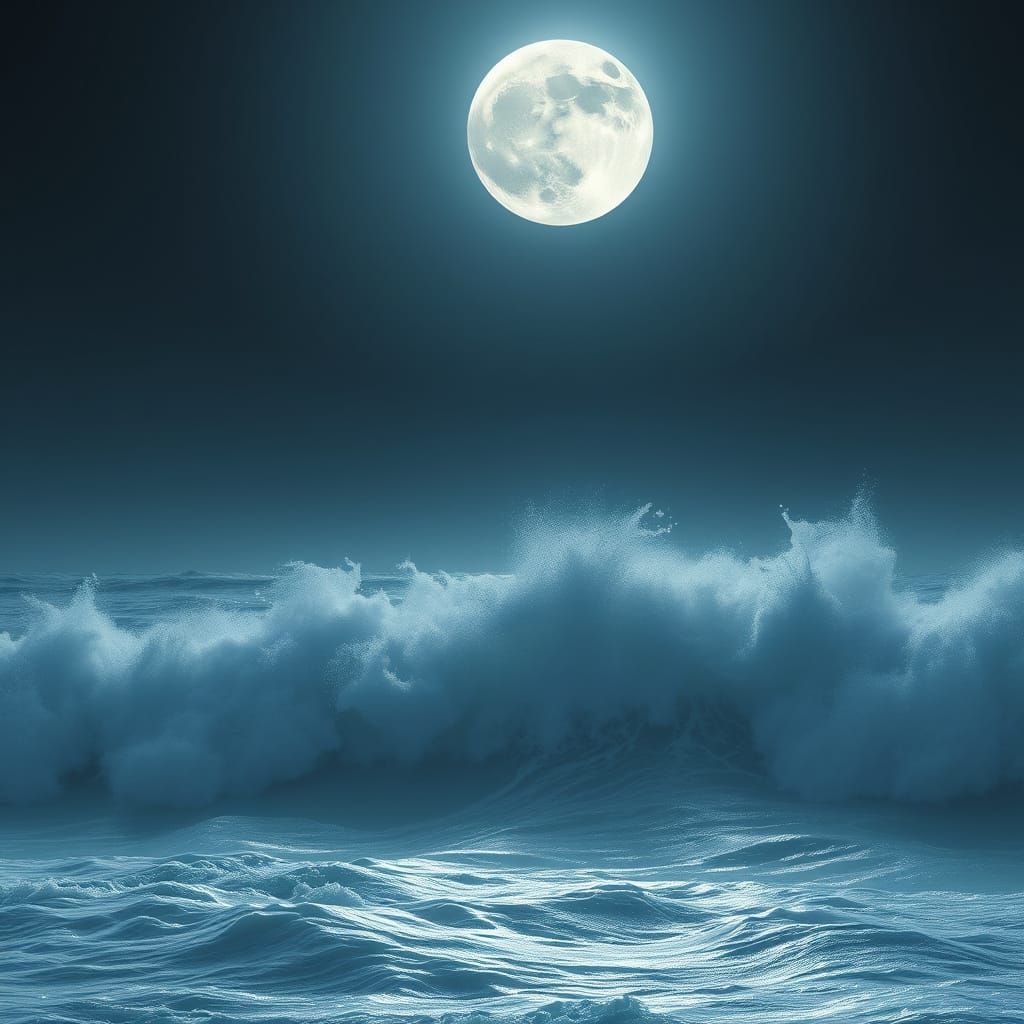 Ethereal Full Moon Rises Above Turbulent Ocean Waves