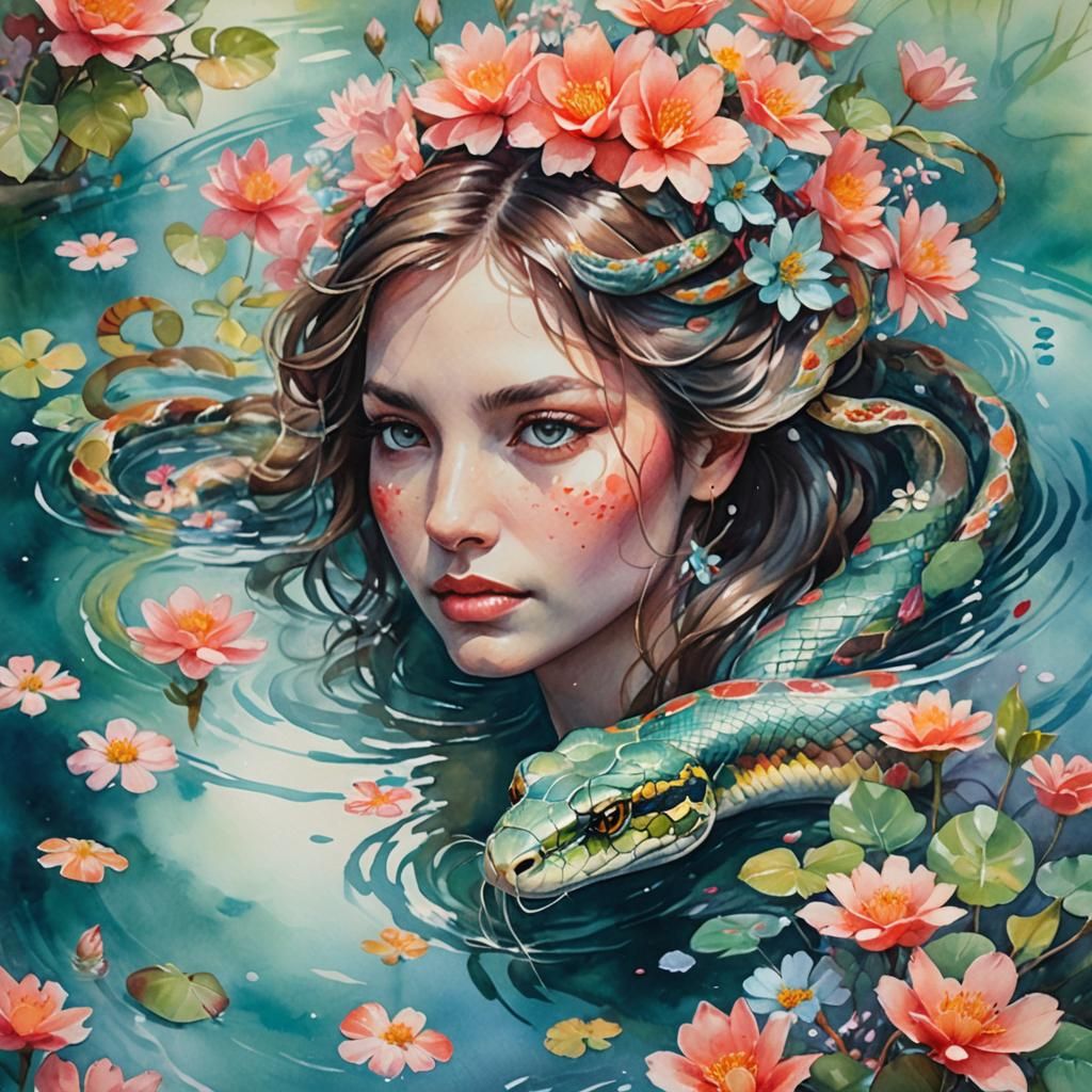 Watercolor Snake Portrait with Flowers in Pastel Shades