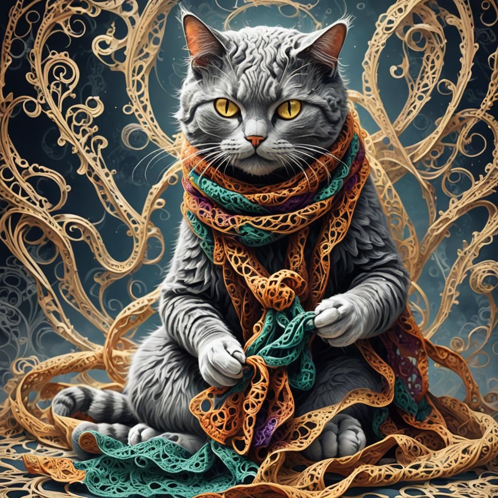 Cat Crocheting Scarf in Gothic Digital Art Style