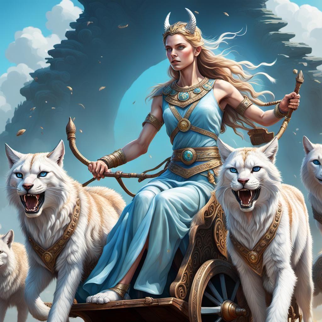 Nordic Goddess Freya Rides Lynx Chariot
