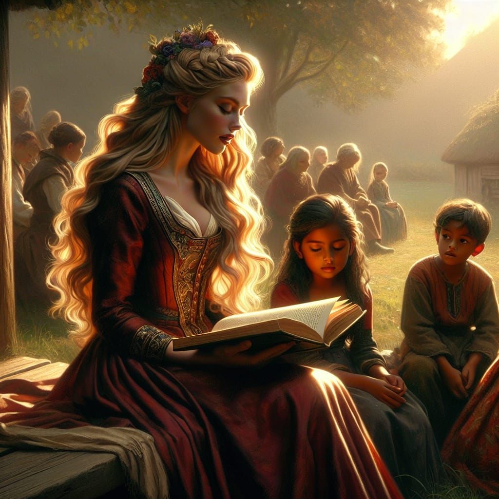 Norse Goddess of Storytelling in Idyllic Village Setting
