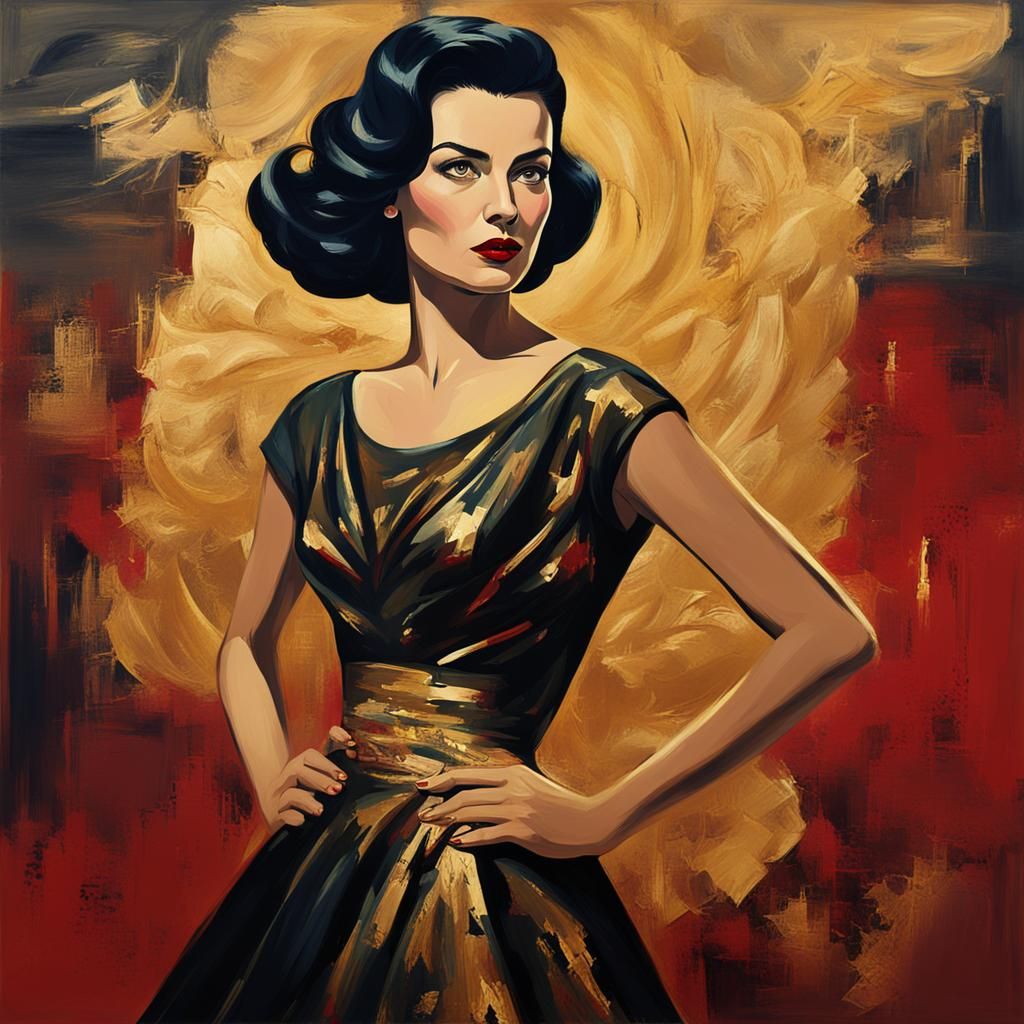 Mid-Century Woman in Dior Dress, Oil Painting Style
