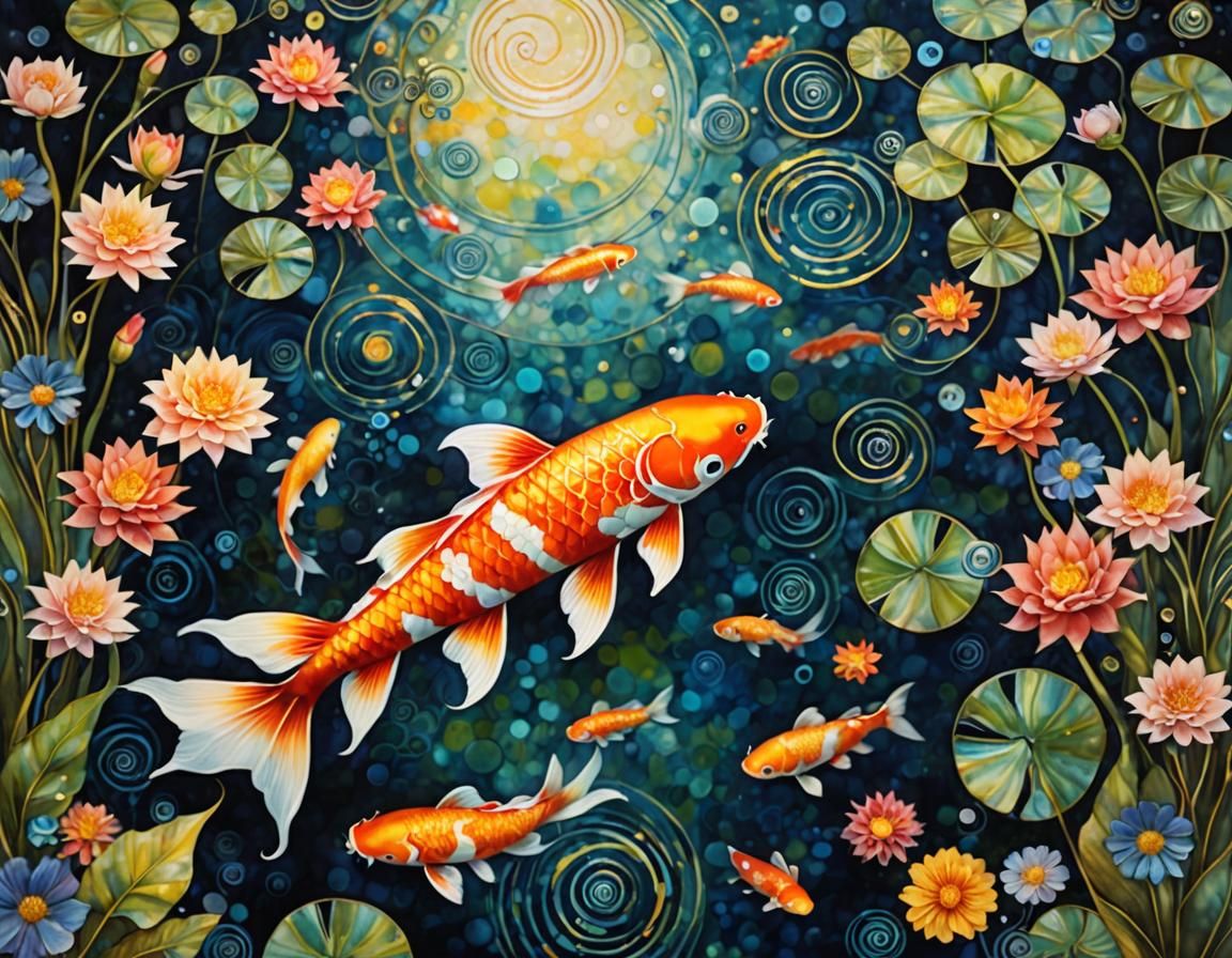 Klimt-Inspired Magical Koi Fish in Moonlit Pond