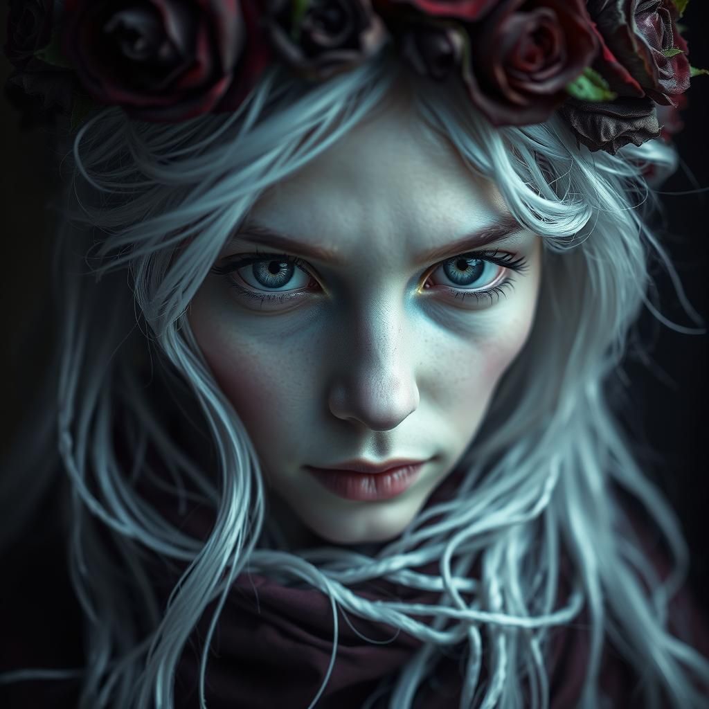 Eerie Portrait of Woman with Rose Crown