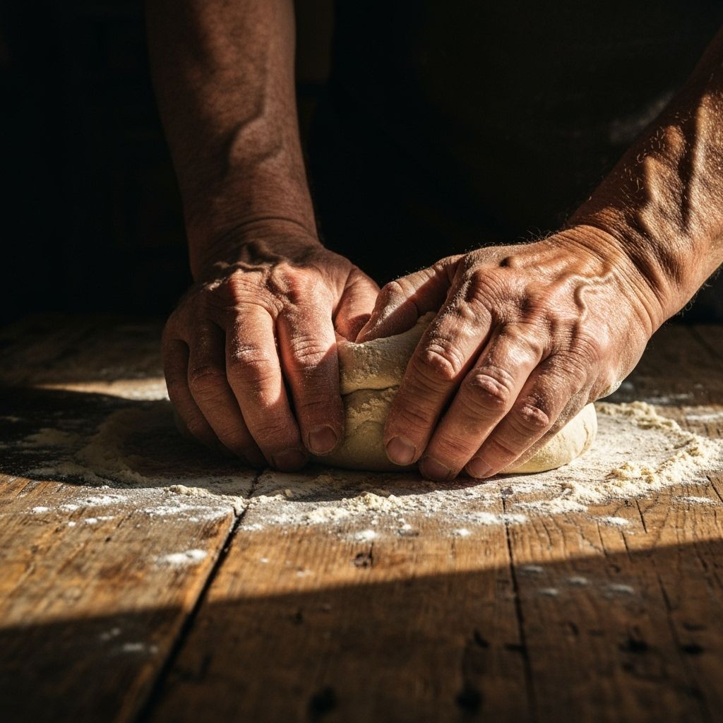 Ancient Hands Kneading Dough on Wooden Table