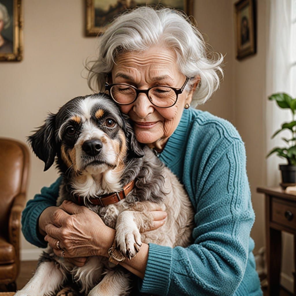 Old lady wearing glasses hugging her dog