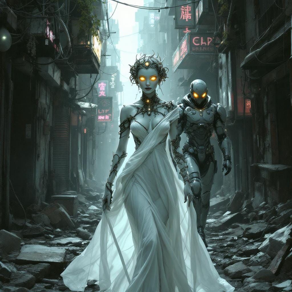 Post-Apocalyptic Woman with Cybernetic Guardian