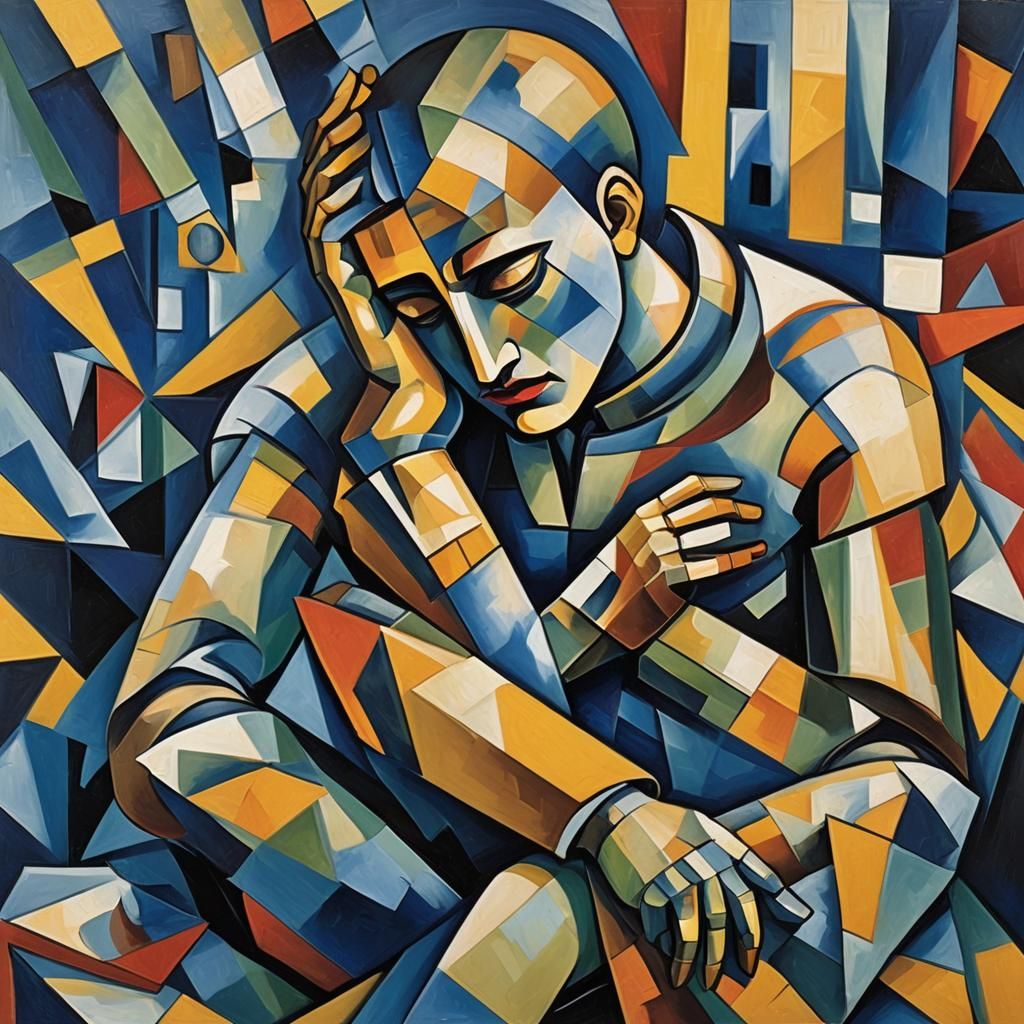 Cubist Painting of a Solitary Figure in Geometric Fauvism