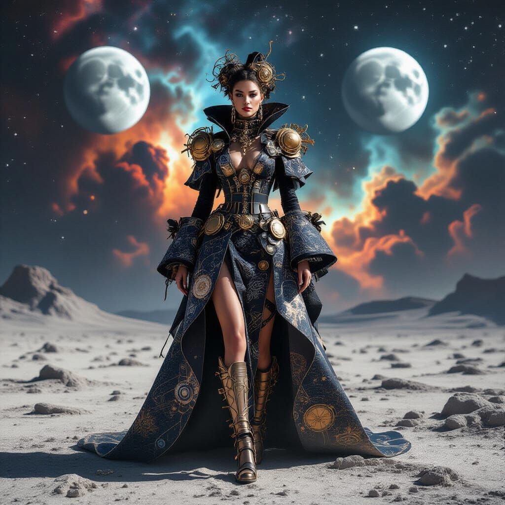 Avant-Garde Fashion on Alien Planet with Cosmic Dust