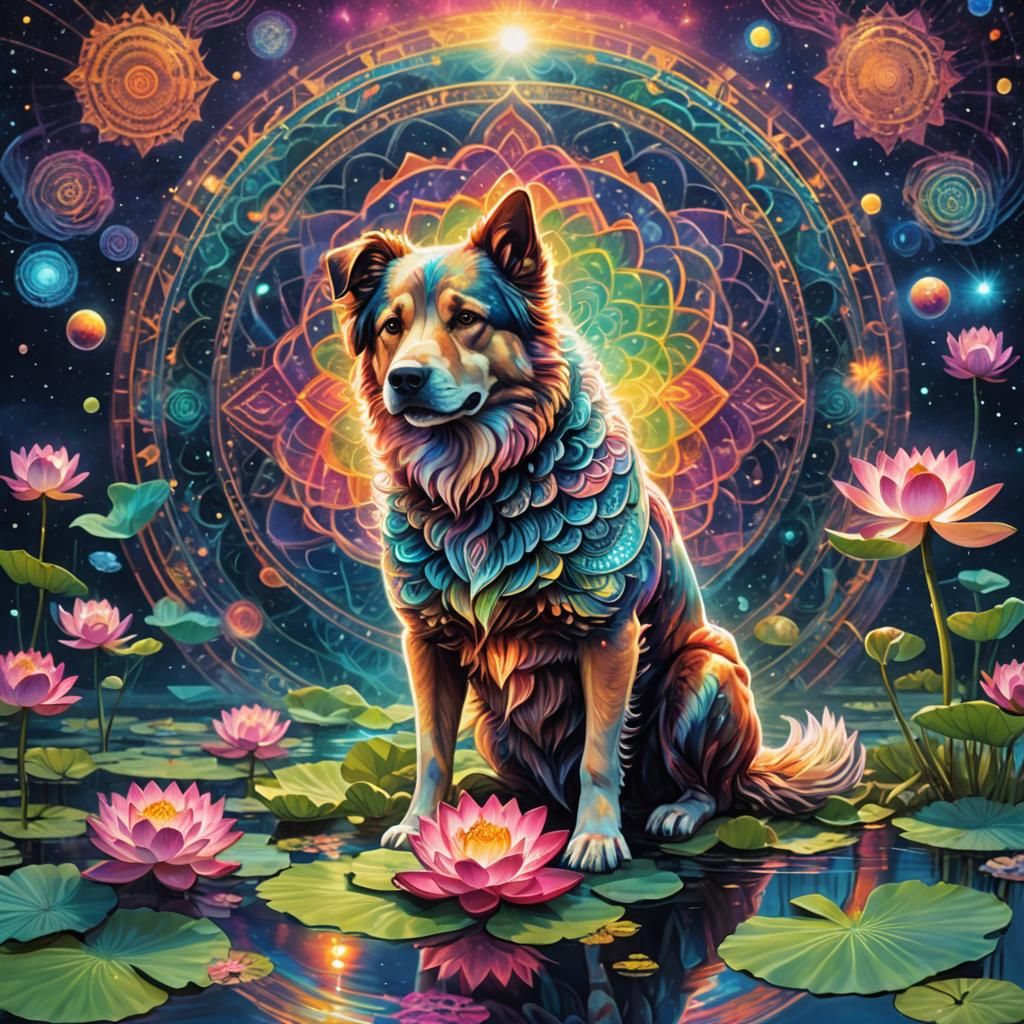 Dog in Lotus Pond: Cosmic Astral Illustration