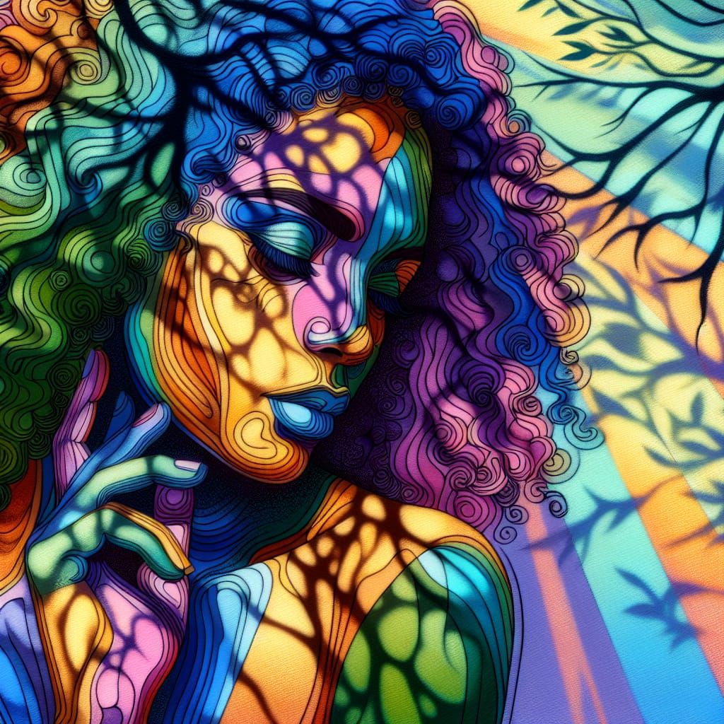 Serenely Contemplative Woman in Vibrant Nature Scene