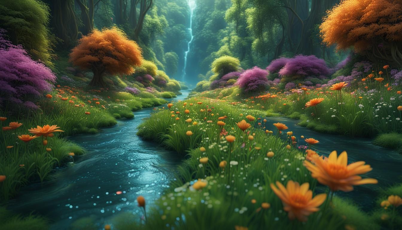 Enchanted Stream in Lush Forest: Magical Realism