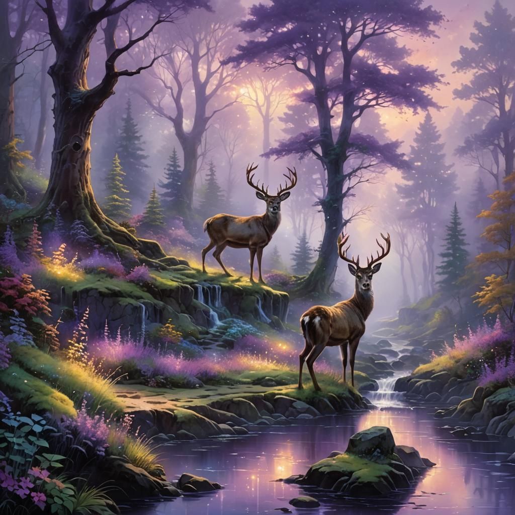 Ethereal Purple Deer in Magical Forest