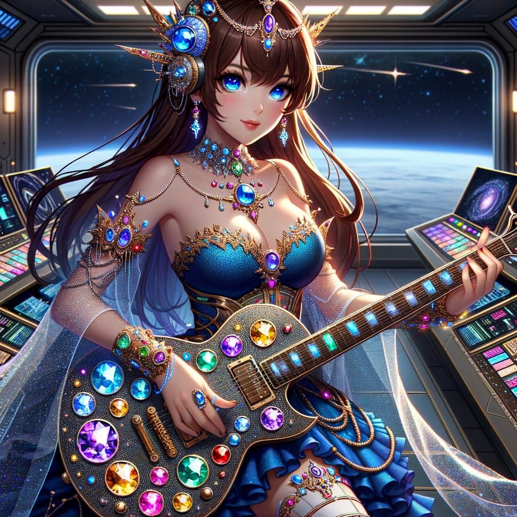 Celestial Rockstar in Futuristic Spacecraft Command Center