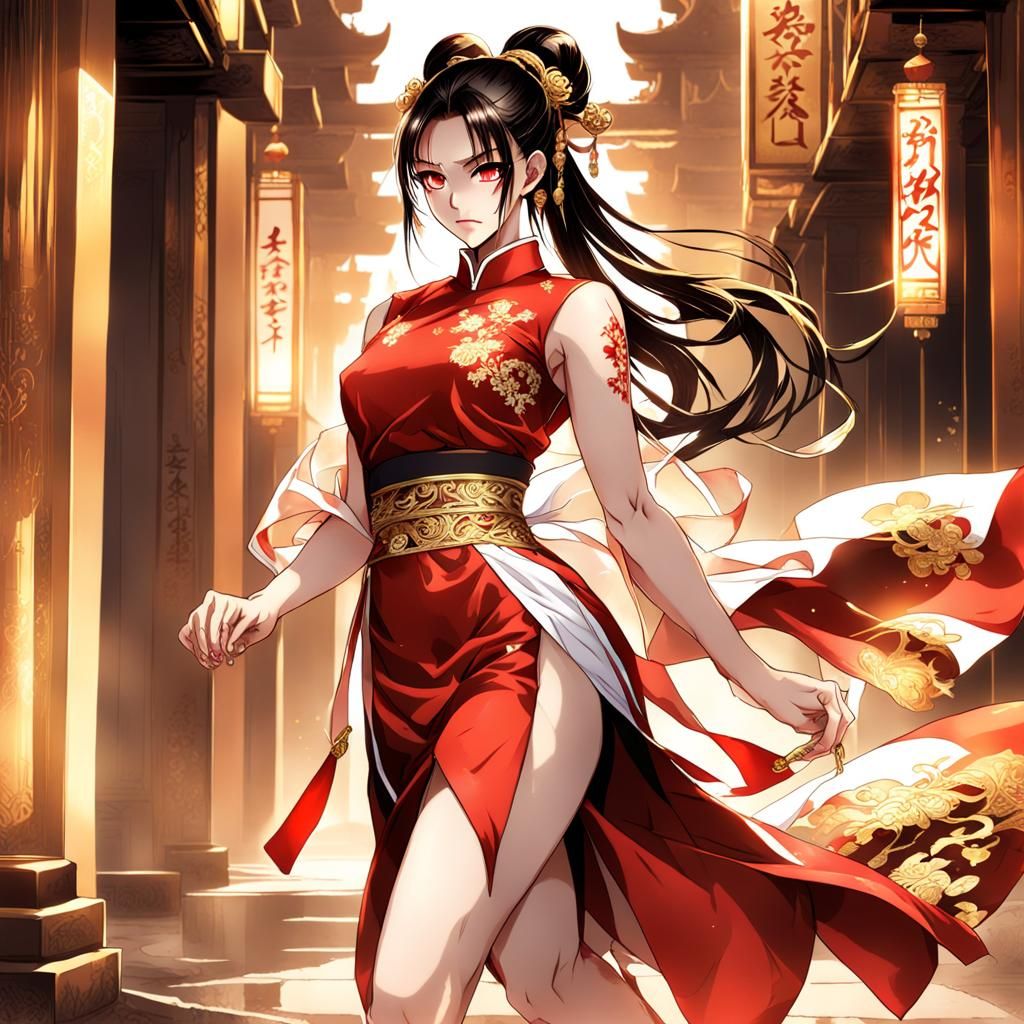 Anime Demon Woman in Red Qipao