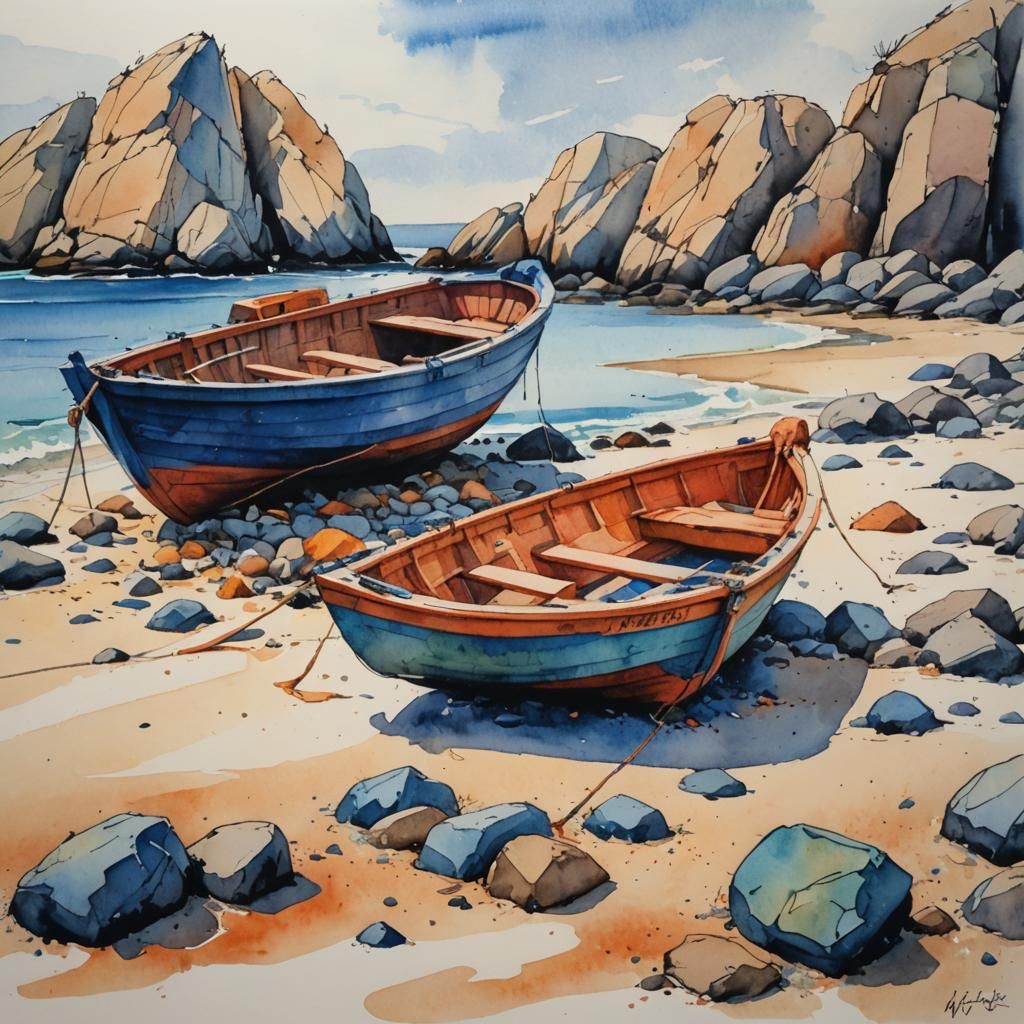 Vibrant Watercolor Boat on Sandy Shore as Impasto Painting