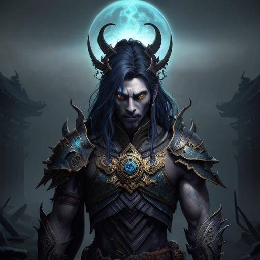 Vampiric Oni in Ruined Temple: Dark Fantasy Art