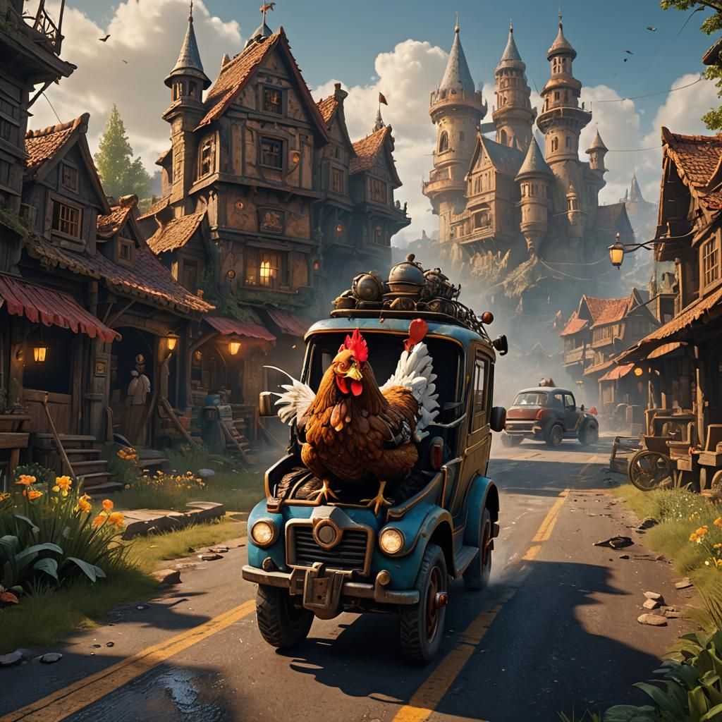 Chicken Drives Car: Detailed Matte Painting