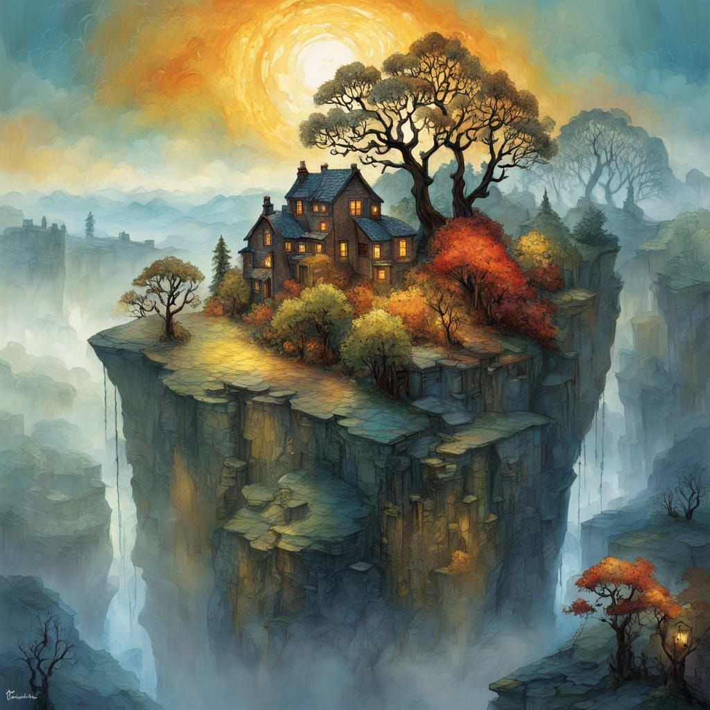 Surrealist Impasto Painting with Misty Cliffs and Kintsugi