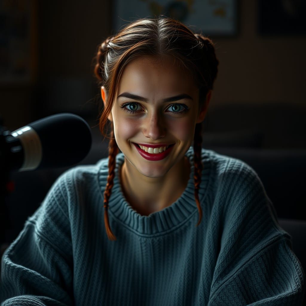 Sultry Podcaster with Red Braids: Cinematic Film Still