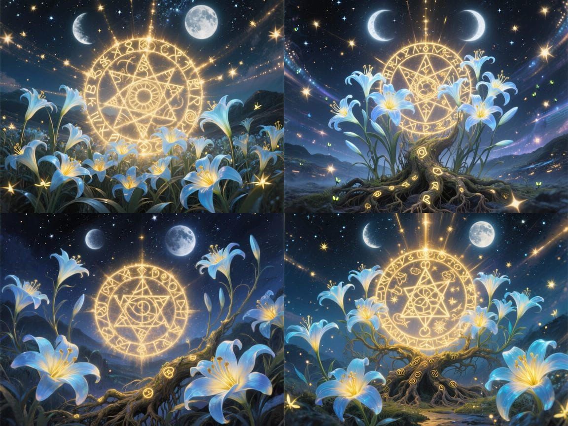 Ethereal Lilies Bloom Under a Double Moon
