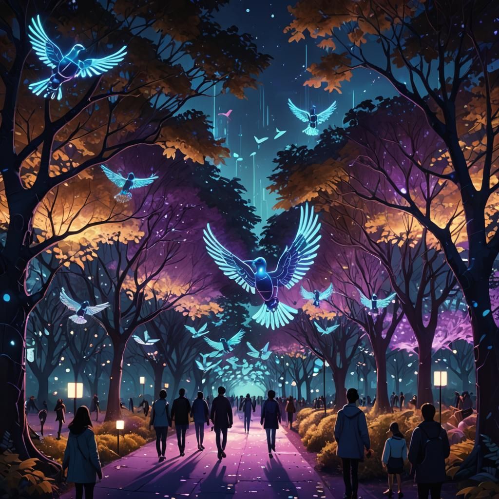 Robotic Birds in a Neofuturistic Park: Concept Art