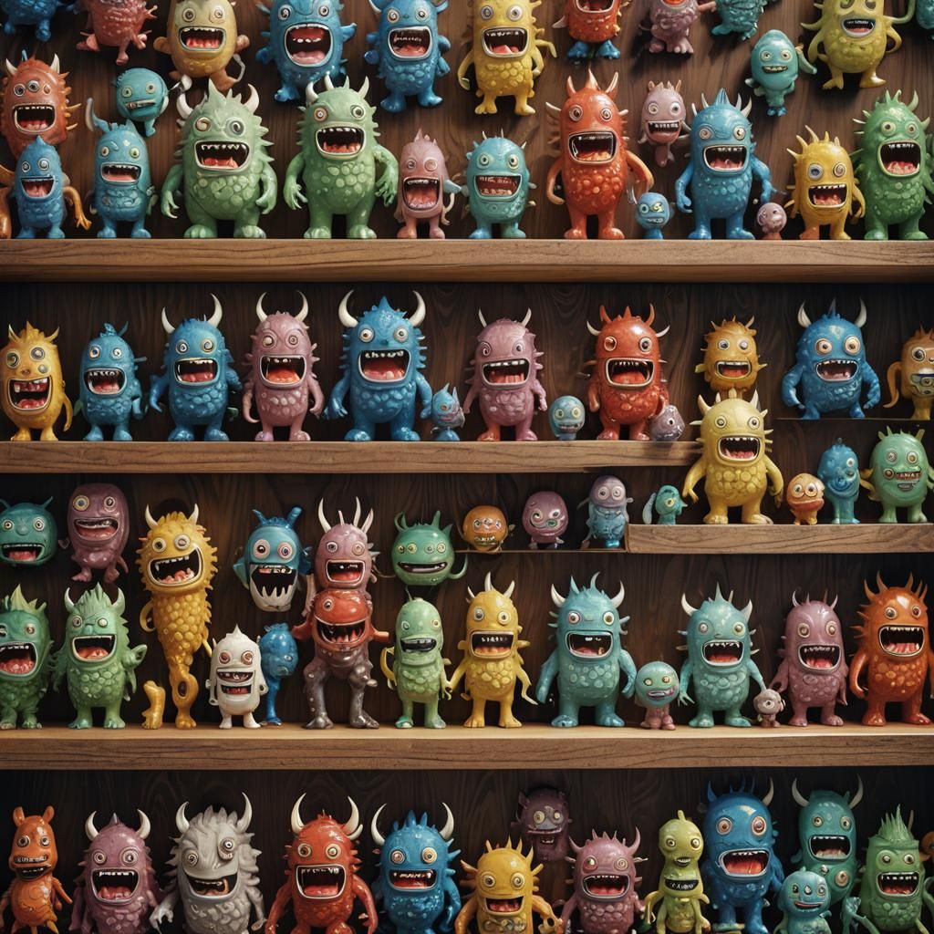 Kawaii Glass Monsters on Wooden Shelf